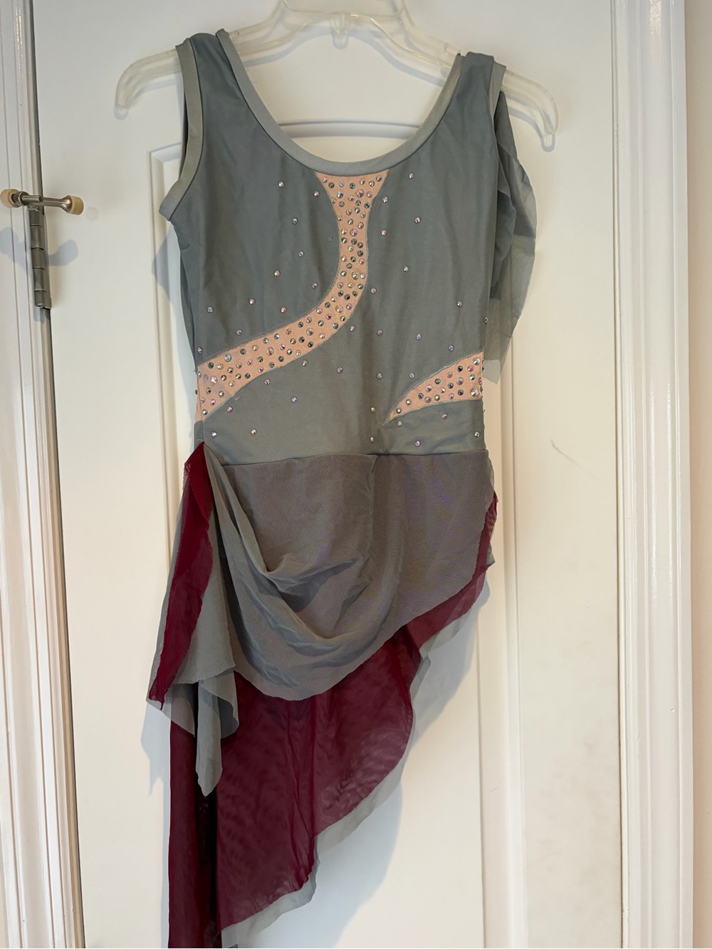 Asymmetrical Draped Dance Costume with Crystal Accents - Gray & Burgundy